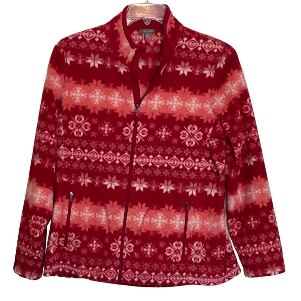 Talbots Fleece Jacket. Size large. Red Snowflake Mock Neck Zip Cozy Soft GUC